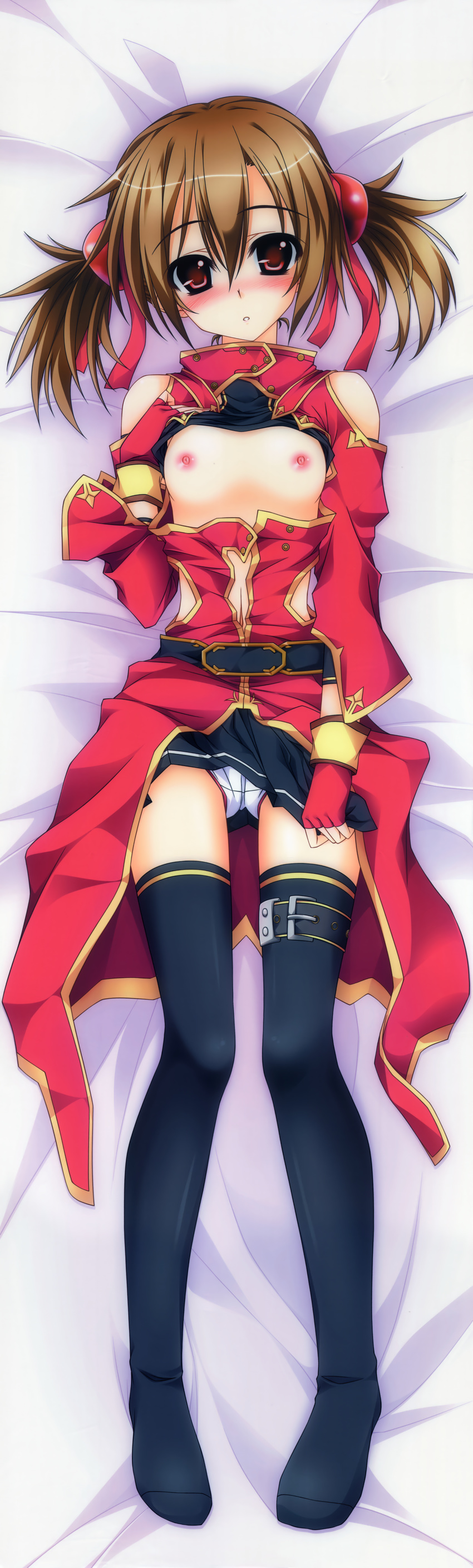 absurdres aoi_hiro bare_shoulders bed bed_sheet black_legwear blush boots breasts brown_eyes brown_hair coat dakimakura fingerless_gloves from_above full_body gloves halter_top halterneck highres huge_filesize legs looking_at_viewer lying nipples on_back on_bed on_stomach open_clothes open_coat panties shirt_lift shirt_pull short_twintails silica skirt skirt_lift skirt_tug small_breasts solo sword_art_online thigh_strap thighhighs twintails underwear white_panties