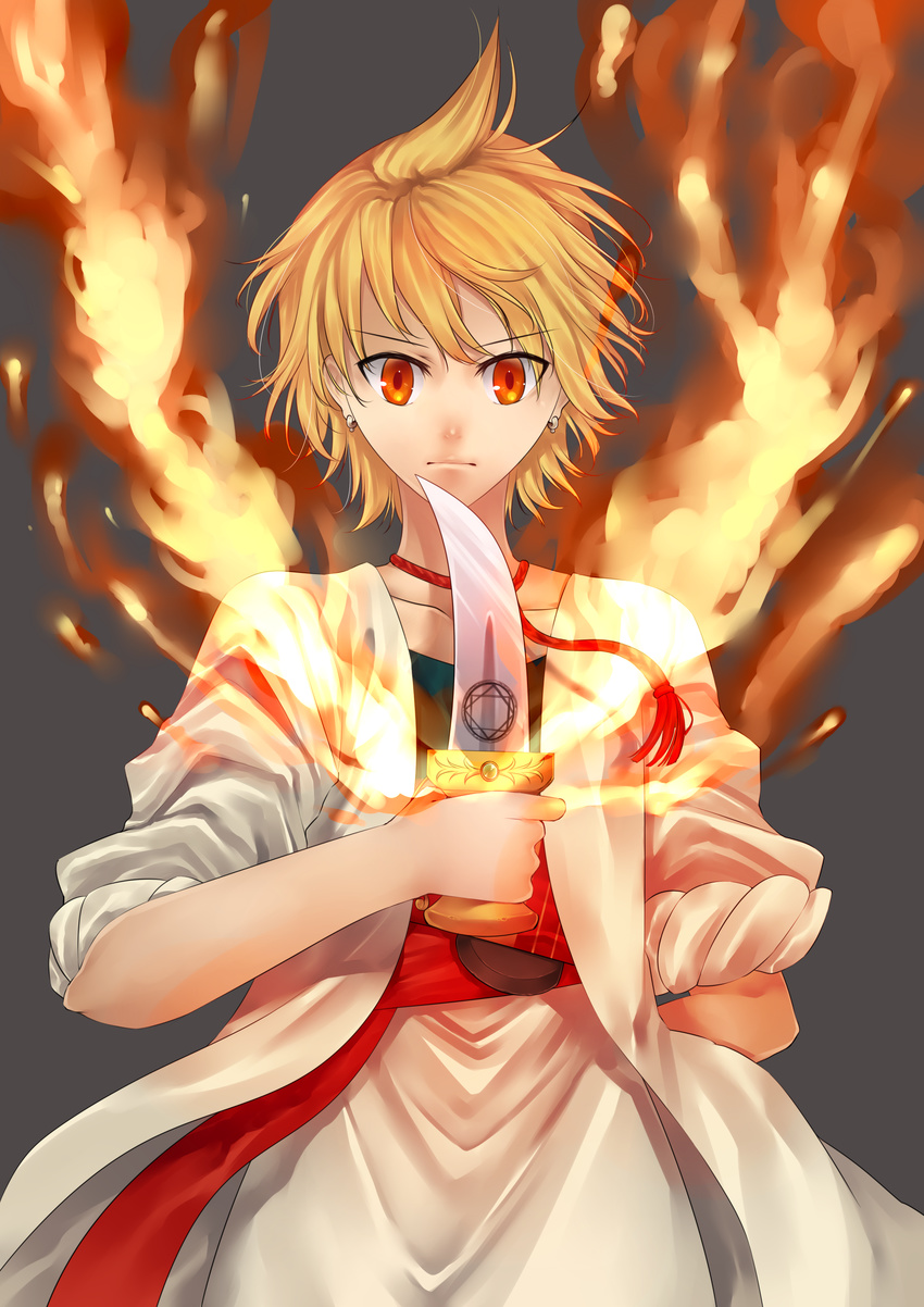 absurdres ali_baba_saluja blonde_hair dagger fire highres magi_the_labyrinth_of_magic male_focus nashoki red_eyes solo weapon