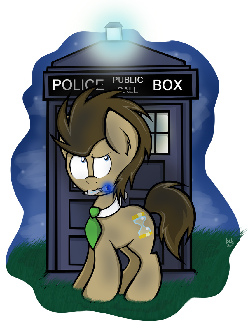 alpha_channel blue_eyes brown_fur brown_hair cloud clouds cutie_mark doctor_who doctor_whooves_(mlp) english_text equine feral friendship_is_magic fur grass hair horse kristysk long_hair male mammal my_little_pony necktie plain_background pony sky smile solo sonic_screwdriver tardis text transparent_background