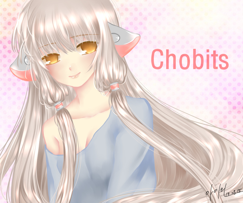 1girl 2013 bad_id bad_pixiv_id brown_eyes chii chobits copyright_name dated empty_eyes long_hair off_shoulder pink_background polka_dot polka_dot_background robot_ears signature silver_hair solo yellow_eyes