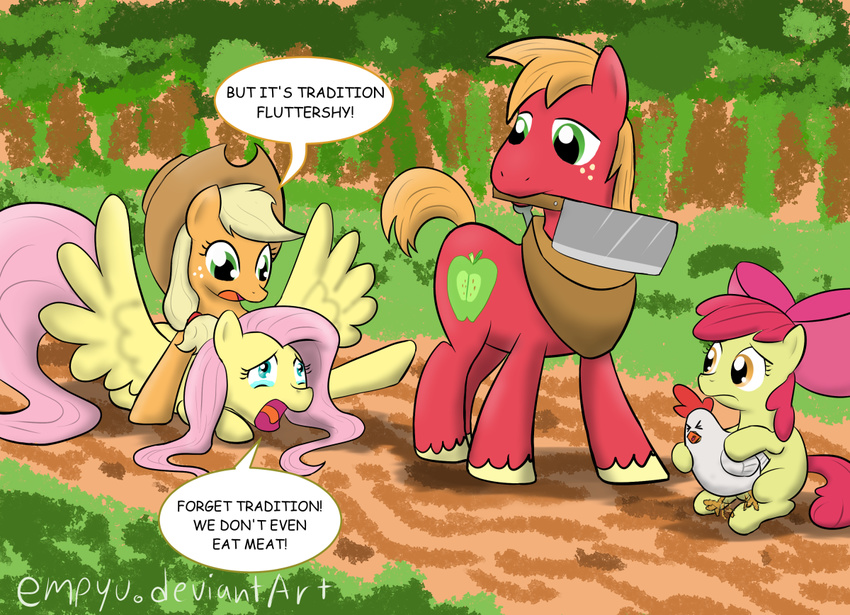 applejack_(mlp) avian beak big_macintosh_(mlp) bird blonde_hair bow chicken cleaver cowboy_hat crying cub cutie_mark empyu english_text equine female feral fluttershy_(mlp) freckles friendship_is_magic frown fur green_eyes group hair hat holding horn horse imminent_death knife long_hair male mammal my_little_pony open_mouth orange_fur pegasus pink_hair pony red_fur scootaloo_(mlp) tears text tongue weapon wings yellow_fur young