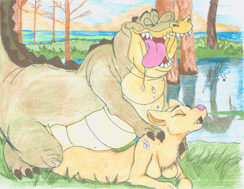 all_fours alligator anthro aoshi2012 breasts chubby disney doggystyle drooling duo eyes_closed feline female forest from_behind grass hi_res interspecies lake lion lizard louis male mammal open_mouth pink_nose predator/prey_relations raised_tail reptile saliva scalie sex sharp_teeth size_difference straight swamp teeth the_princess_and_the_frog tongue tongue_out tree water