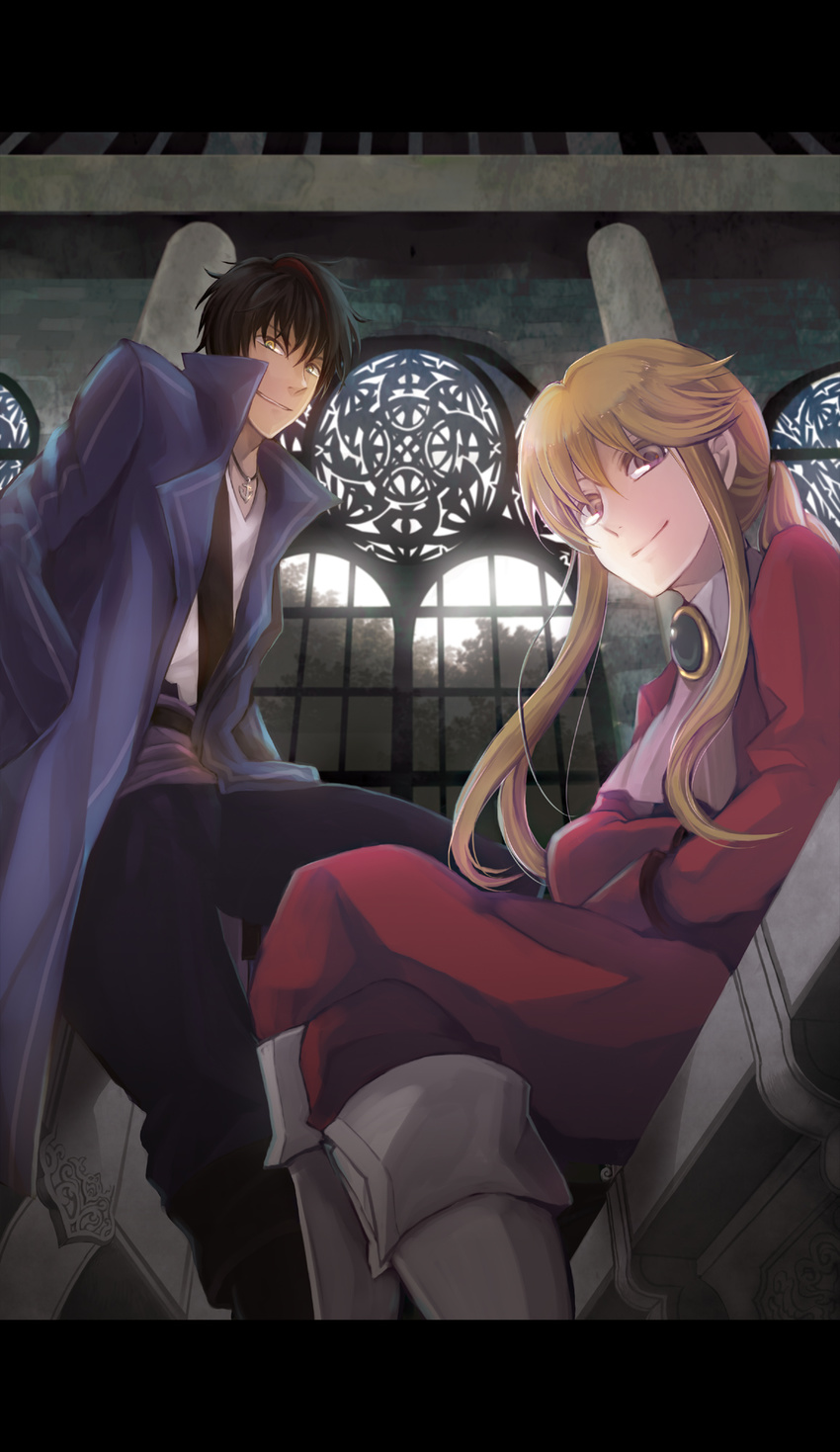 anchor blonde_hair brown_hair coat cravat crossed_arms crossed_legs from_below grey_eyes hands_in_pockets highres ichiemu_(picric) jewelry looking_at_viewer pendant ponytail sitting smile stained_glass umineko_no_naku_koro_ni ushiromiya_lion willard_h_wright yellow_eyes