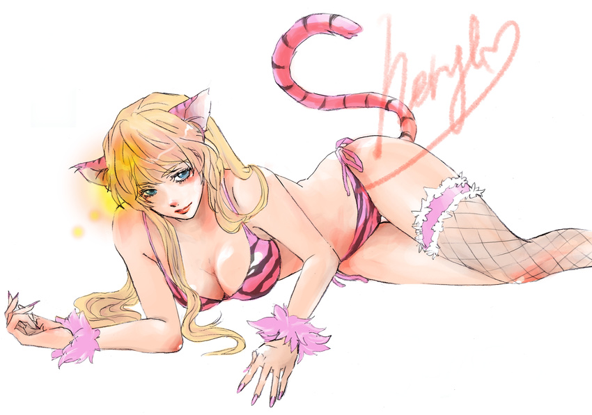 animal_ears animal_print aqua_eyes bad_id bad_pixiv_id bikini blonde_hair breasts cleavage fishnets highres large_breasts lips macross macross_frontier sheryl_nome side-tie_bottom solo swimsuit tail tiger_ears tiger_print tiger_tail yuiko09