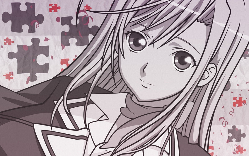 bust charlotte_hazellink dutch_angle face female greyscale highres jigsaw_puzzle komori_kei long_hair looking_at_viewer monochrome princess_lover puzzle school_uniform smile solo uniform upper_body wallpaper