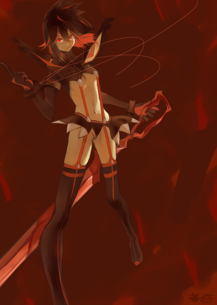 absurdres artist_name black_hair boots breasts elbow_gloves gloves highres kill_la_kill licking_lips life_fiber matoi_ryuuko medium_breasts multicolored_hair navel red_eyes red_hair red_string revealing_clothes reverse_grip scissor_blade senketsu short_hair spikes string suspenders thigh_boots thighhighs tongue tongue_out two-tone_hair underboob yoshiashi