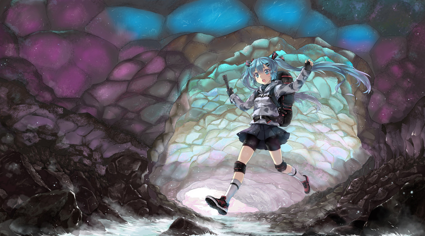 backpack bag bike_shorts blue_eyes blue_hair blush camouflage cave commentary fingerless_gloves flashlight gloves hair_ornament hairclip hatsune_miku jacket jumping knee_pads long_hair long_sleeves north_abyssor open_mouth russia skirt solo stream twintails vocaloid water white_legwear