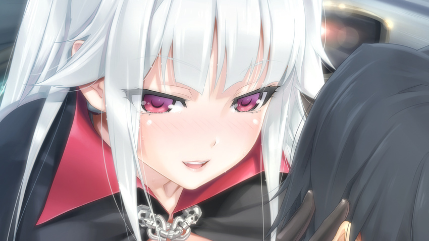 1boy 1girl bishoujo_mangekyou black_gloves black_hair blush bust cape game_cg gloves hand_on_head happoubi_jin kagamino_kirie kagarino_kirie lens_flare long_hair looking_at_another open_mouth red_eyes skull tears teeth upper_body vampire wallpaper white_hair widescreen