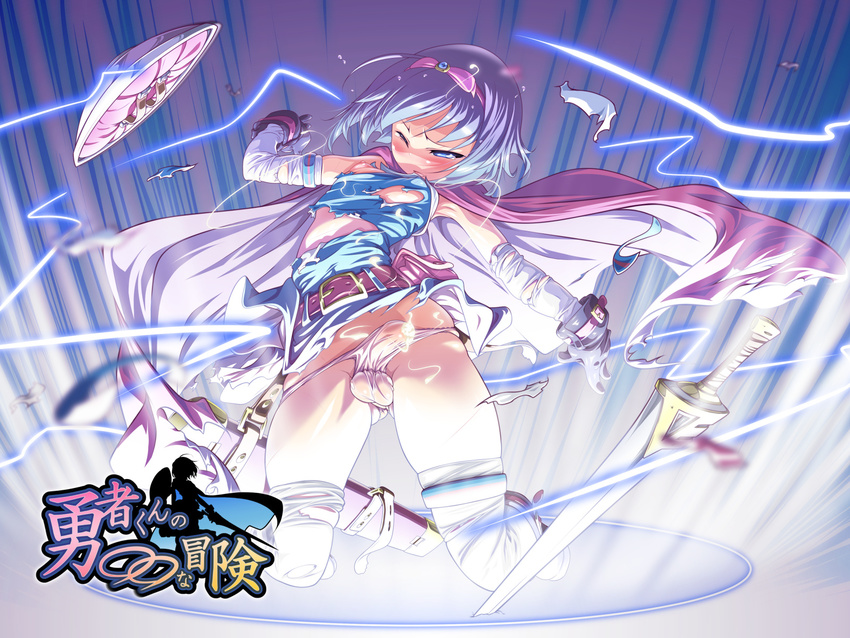 belt blue_eyes blue_hair bow bulge cape cum ejaculation electricity gloves hair_bow highres male_focus nipples original otoko_no_ko panties sakyuuan sheath shield solo sword thighhighs torn_clothes underwear weapon wince yuusha-kun yuusha-kun_no_oo_na_bouken