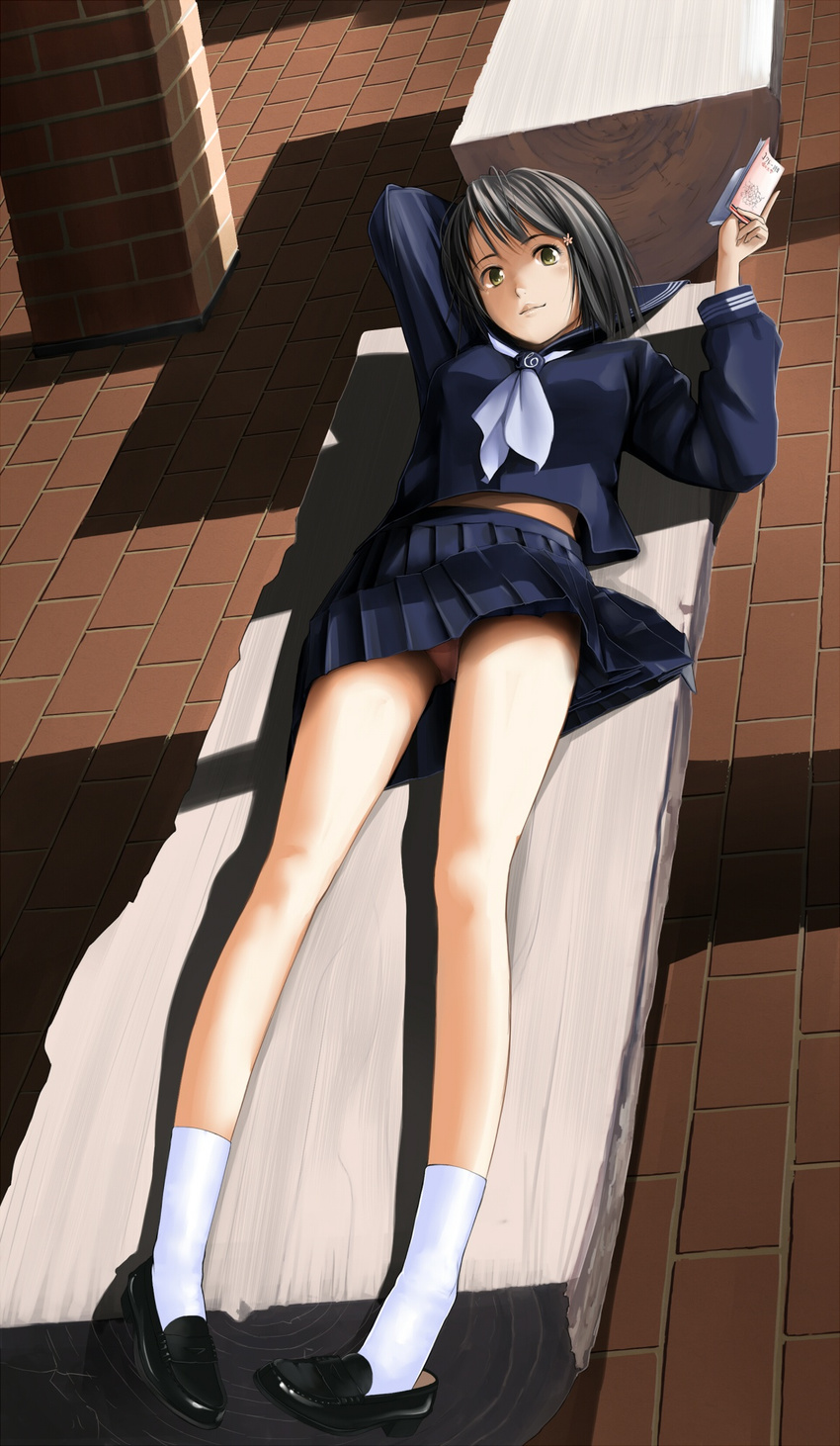 bench blue_skirt book brick_floor brick_wall brown_hair dutch_angle flower full_body green_eyes hair_flower hair_ornament hand_behind_head highres hitori_(htr_t) holding holding_book loafers log lying midriff navy_blue_serafuku on_back original panties pantyshot pantyshot_(lying) pleated_skirt school_uniform serafuku shadow shoe_dangle shoes short_hair skirt socks solo underwear