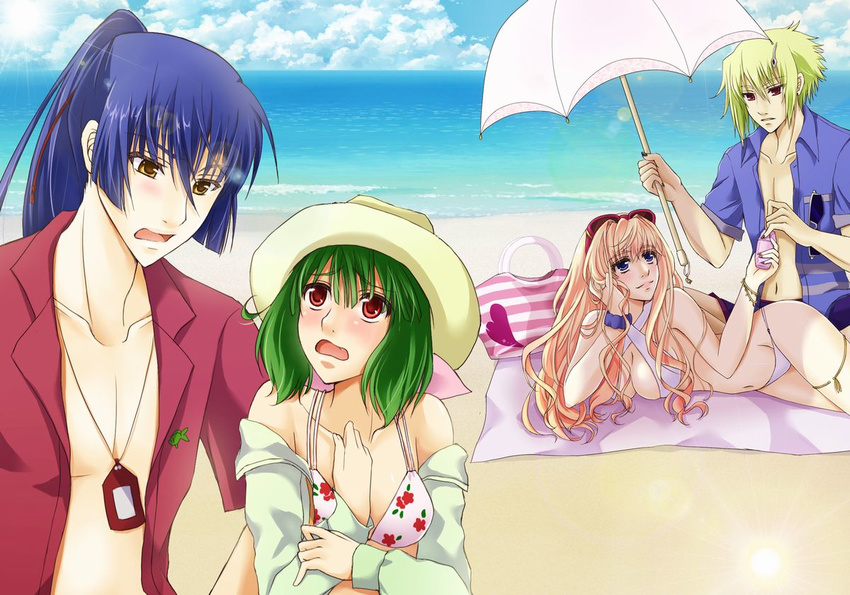 2girls bag beach bikini blonde_hair blue_eyes blue_hair blush brera_sterne day dog_tags eyewear_on_head fang green_hair hair_ribbon hat indian_style jacket macross macross_frontier mizusawa_nagi multiple_boys multiple_girls ocean open_mouth outdoors ponytail ranka_lee red_eyes ribbon saotome_alto sheryl_nome short_hair sitting sunglasses swimsuit umbrella water white_bikini