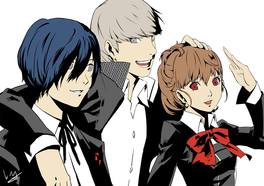 2boys blue_hair brown_hair female_protagonist_(persona_3) grey_eyes grey_hair multiple_boys nanaya_(daaijianglin) narukami_yuu persona persona_3 persona_3_portable persona_4 red_eyes school_uniform yuuki_makoto