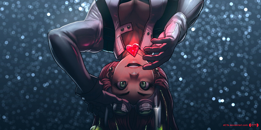 annie_mei annie_mei_project artist_name breasts caleb_thomas cleavage deviantart_username earrings gloves glowing goggles goggles_on_head green_eyes heart jewelry lips long_fingers medium_breasts pink_hair smile solo torch unzipped upside-down watermark web_address