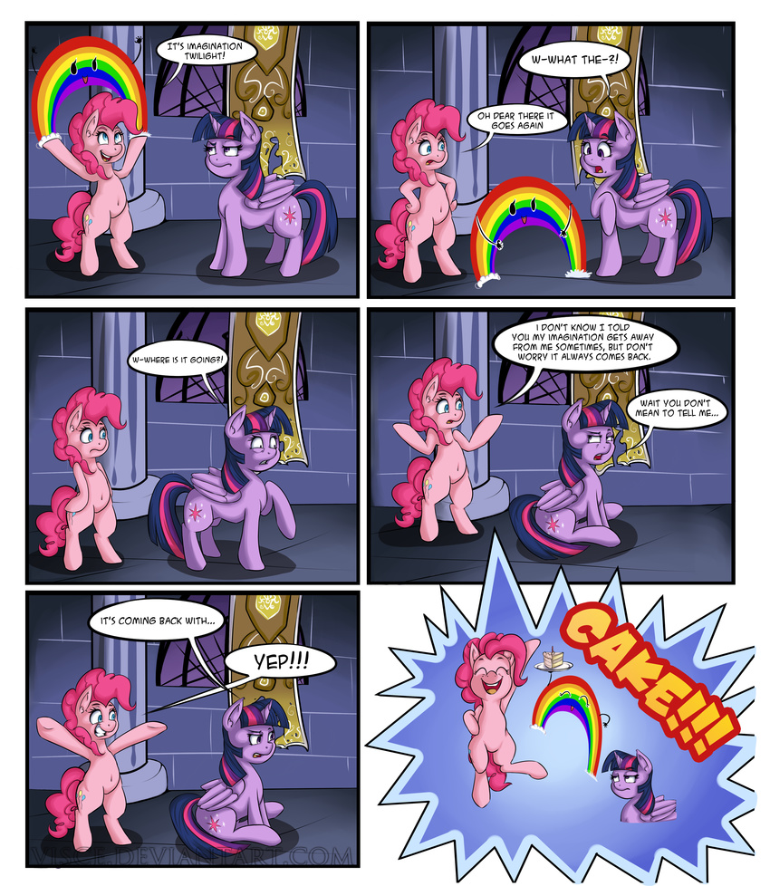 banner blue_eyes cake comic cutie_mark dialog english_text equine female feral food friendship_is_magic frown fur hair hi_res horn horse inside jumping long_hair mammal multi-colored_hair my_little_pony open_mouth pink_fur pink_hair pinkie_pie_(mlp) plate pony purple_eyes purple_hair rainbow sitting smile standing teeth text tongue twilight_sparkle_(mlp) vicse winged_unicorn wings