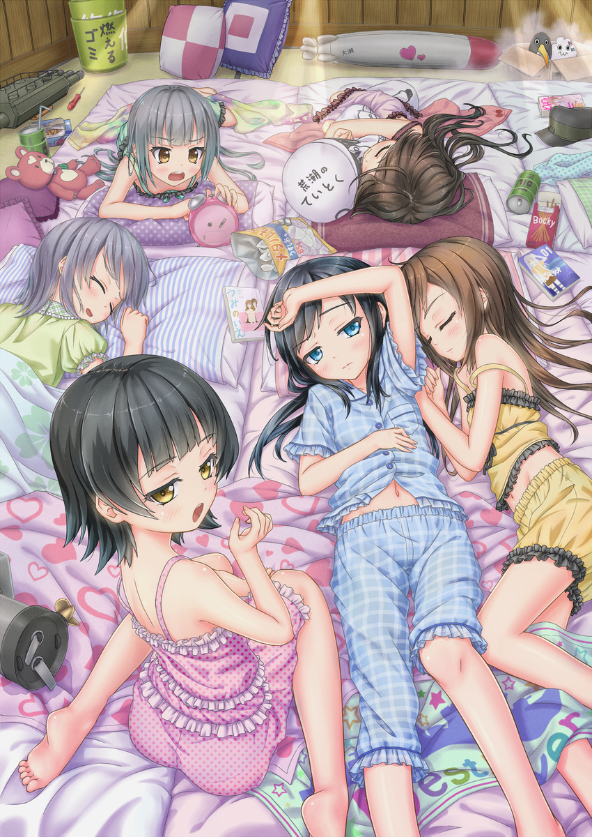 admiral_(kantai_collection) alarm_clock alternate_costume alternate_hairstyle aoki_hagane_no_arpeggio arare_(kantai_collection) arashio_(kantai_collection) asashio_(kantai_collection) barefoot bed_sheet bird black_hair blush book box brand_name_imitation brown_hair clock closed_eyes dakimakura_(object) downblouse drinking_straw failure_penguin food frills gotou_hisashi hair_down hat highres iona kantai_collection kasumi_(kantai_collection) kirishima_(aoki_hagane_no_arpeggio) long_hair lying michishio_(kantai_collection) multiple_girls navel ooshio_(kantai_collection) open_mouth pajamas pillow rensouhou-chan revision saliva short_hair silver_hair sitting sleeping sleepover sleepy strap_slip stuffed_animal stuffed_toy teddy_bear torpedo translation_request yawning yotarou_(aoki_hagane_no_arpeggio)