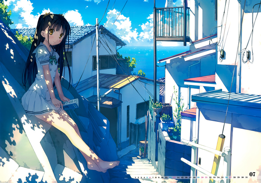 1girl absurdres alley architecture bare_legs barefoot black_hair blue_sky blush book dappled_sunlight feet highres house kantoku long_hair looking_at_viewer nagisa_(kantoku) ocean original pleated_skirt possible_duplicate retaining_wall scan scenery school_uniform shade shirt sitting skirt sky smile solo stairs sunlight tree_shade two_side_up white_shirt white_skirt yellow_eyes