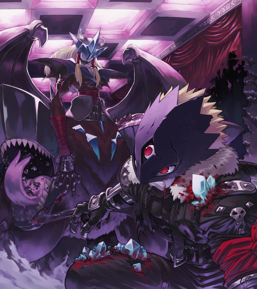 battle beelzebumon belt blonde_hair blood buckle centauroid claws clenched_teeth crack crystal damaged demon_wings digimon extra_mouth forked_tongue fur_coat gauntlets grandracmon grin hair_tubes highres horns injury kazkazkaz long_hair mask monster no_humans red_eyes revision sharp_teeth short_hair smile spikes tail teeth third_eye tongue torn_clothes wings