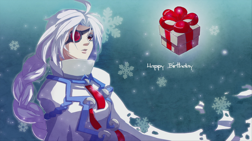 ahoge artist_request blazblue box cape eyepatch gift gift_box happy_birthday long_hair nu-13 official_art red_eyes silver_hair
