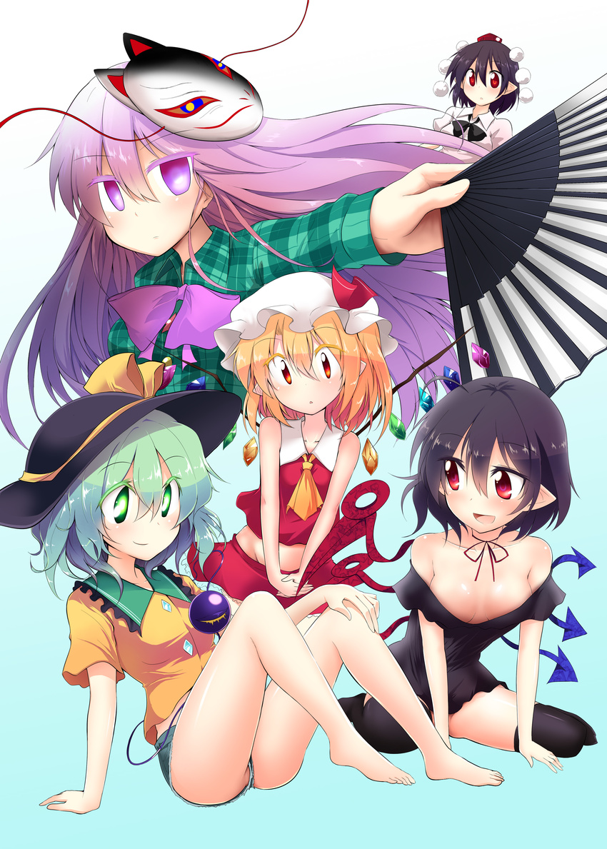 absurdres aqua_background ascot asymmetrical_wings black_hair black_legwear blonde_hair blush breasts chipa_(arutana) cleavage crystal denim denim_shorts dress expressionless eyeball fan flandre_scarlet folding_fan fox_mask green_eyes green_hair hat hat_ribbon hata_no_kokoro heart heart_of_string highres houjuu_nue komeiji_koishi long_hair long_sleeves mask medium_breasts midriff multiple_girls pink_eyes pink_hair plaid plaid_shirt red_eyes ribbon shameimaru_aya shirt short_hair short_shorts short_sleeves shorts side_ponytail skirt smile thighhighs third_eye tokin_hat touhou very_long_hair wide_sleeves wings