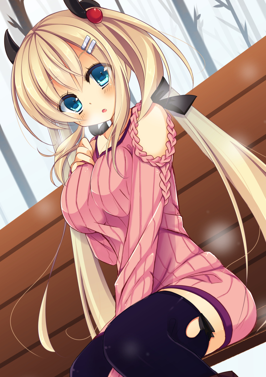 bare_shoulders bench black_legwear blonde_hair blue_eyes blush breast_suppress breasts dutch_angle fang hair_ornament hair_ribbon hairclip highres kinoko5123 large_breasts long_hair looking_at_viewer open_mouth original ribbed_sweater ribbon sitting solo sweater thighhighs tree twintails