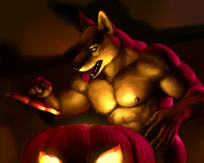 anthro biceps black_nose canine claws convenient_censorship fangs fur halloween holidays lag2011 male mammal muscles nipples nude open_mouth pecs pose pumpkin solo teeth toned tongue tongue_out wolf