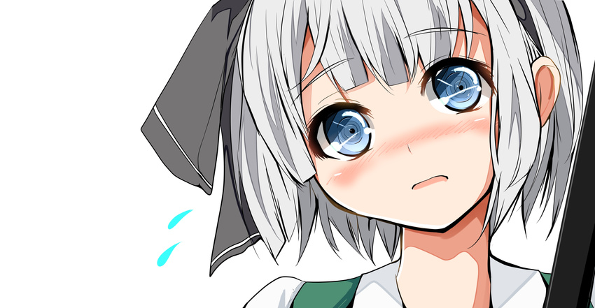 absurdres bad_id bad_pixiv_id blue_eyes blush commentary_request face flying_sweatdrops hair_ribbon highres konpaku_youmu looking_at_viewer open_mouth ribbon silver_hair solo touhou upper_body velia