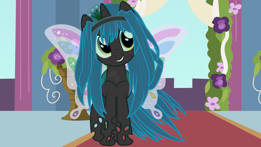 absurd_res aliasing beavernator butterfly_wings changeling fairy female friendship_is_magic green_eyes green_hair hair hi_res horn inside long_hair my_little_pony navel nymph queen_chrysalis_(mlp) smile solo wings young