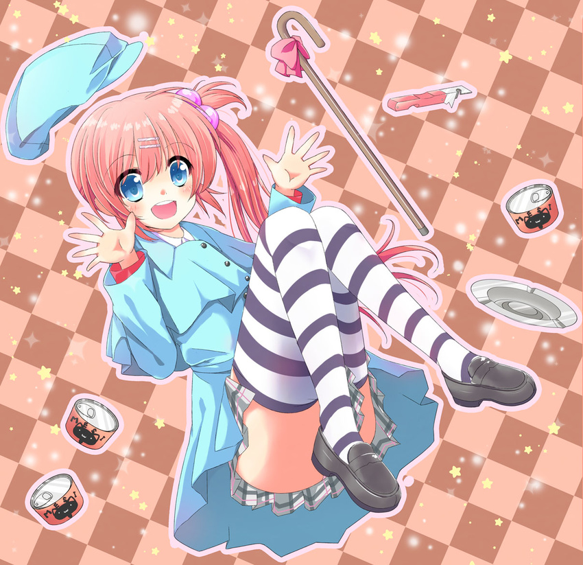 ashtray beret blue_eyes can can_opener cane cat_food checkered checkered_background coat deerstalker hair_ornament hat little_busters! long_hair mitsugushi_yuu pink_hair plaid plaid_skirt saigusa_haruka side_ponytail skirt solo striped striped_legwear thighhighs