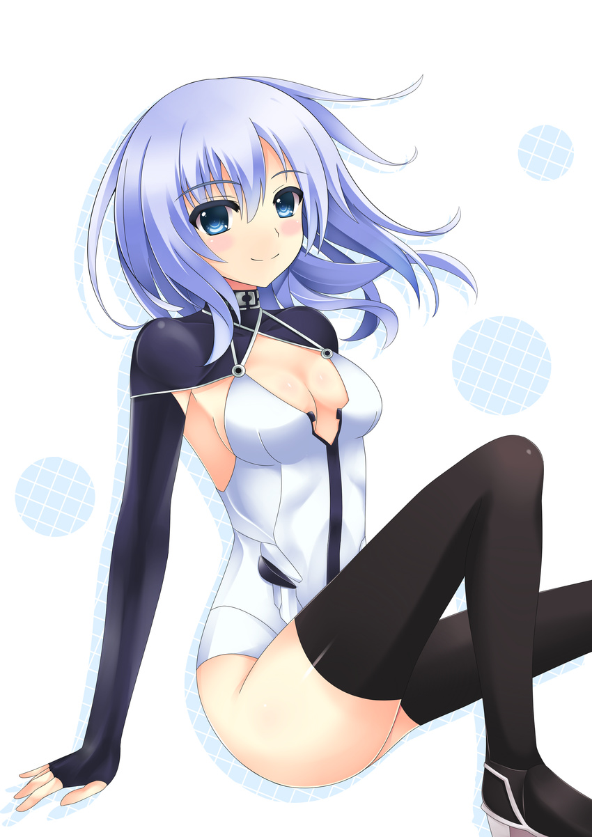 absurdres arm_support armpits beatless black_legwear blue_eyes blue_hair blush bodysuit breasts cleavage cleavage_cutout fingerless_gloves floating_hair gloves highres hips leicia long_hair long_sleeves looking_at_viewer medium_breasts sai_seki simple_background sitting smile solo tareme thighhighs thighs white_background