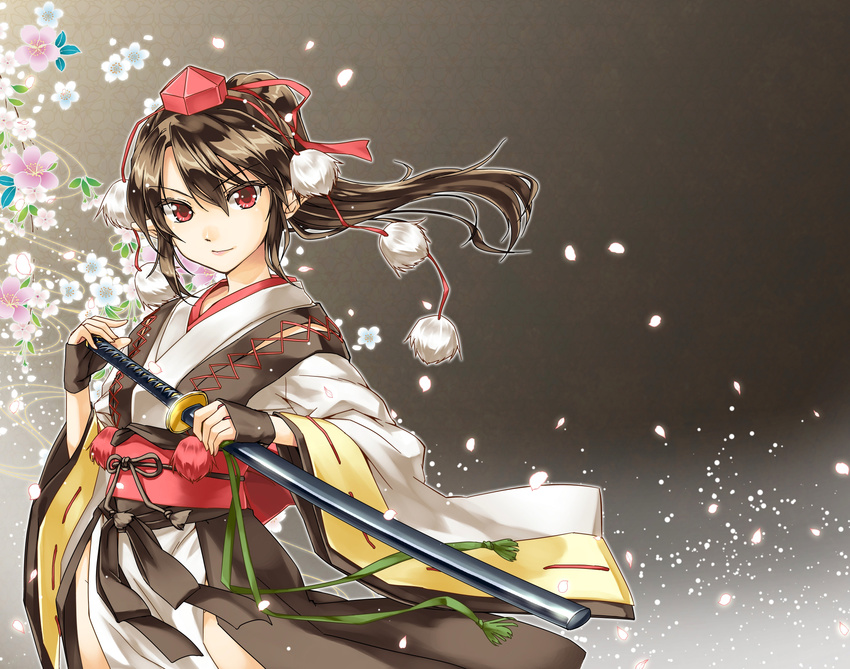 abo_(hechouchou) alternate_hair_length alternate_hairstyle brown_hair hat highres katana kourindou_tengu_costume looking_at_viewer obi pointy_ears ponytail red_eyes sash shameimaru_aya solo sword tokin_hat touhou weapon wings