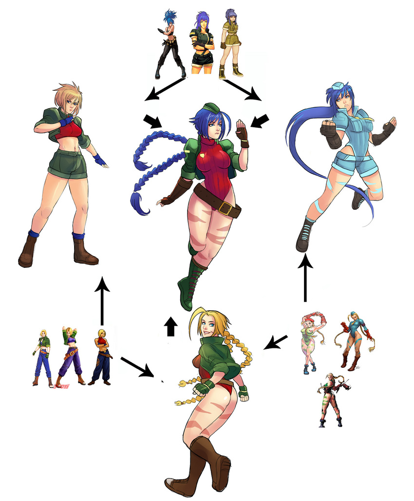6+girls ahoge belt beltskirt beret blonde_hair blue_eyes blue_hair blue_mary boots braid breasts cammy_white camouflage capcom chimerism cropped_jacket crossover fatal_fury female_soldier fighting_stance fingerless_gloves fusion g138 garrison_cap gloves greenmarine hat hexafusion high_res highres hips king_of_fighters knee_boots kneepits knees legs leona_heidern leotard long_hair midriff multiple_girls navel necktie ponytail ribbed_leotard scar serious shoes short_hair shorts smile snk street_fighter template the_king_of_fighters triple_fusion twin_braids very_long_hair wide_hips
