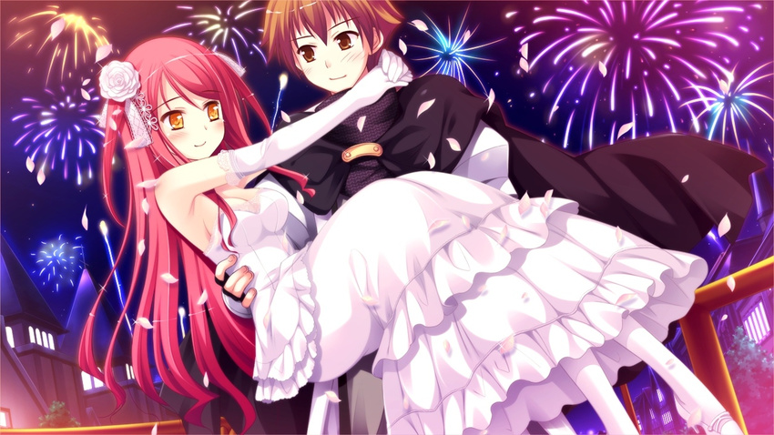 16:9 1boy 1girl arima_yousuke brown_eyes brown_hair carrying dress elbow_gloves game_cg gloves hinomiya_ayari ko~cha long_hair red_hair short_hair wedding_dress witch's_garden witch's_garden yellow_eyes