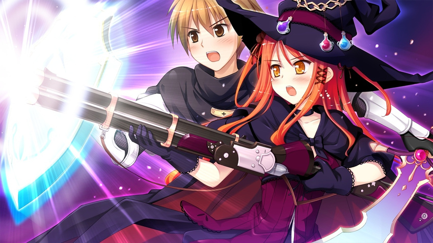 16:9 1boy 1girl arima_yousuke blush brown_eyes brown_hair game_cg gun hat hinomiya_ayari ko~cha long_hair red_hair shield sword thighhighs weapon witch's_garden witch's_garden witch_hat yellow_eyes