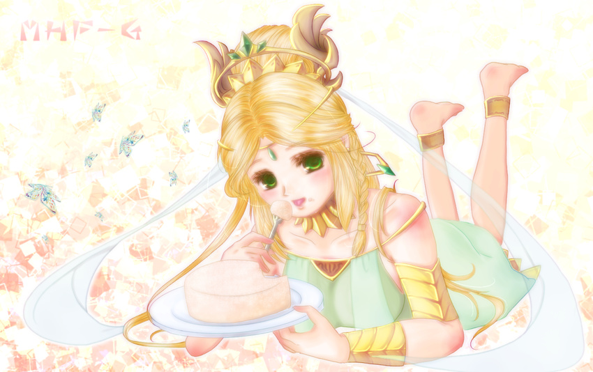 1girl artist_request barefoot blonde_hair breasts butterfly cake capcom dishes diva_(monster_hunter) food green_eyes jewelry legs lots_of_jewelry lying monster_hunter monster_hunter_frontier plate