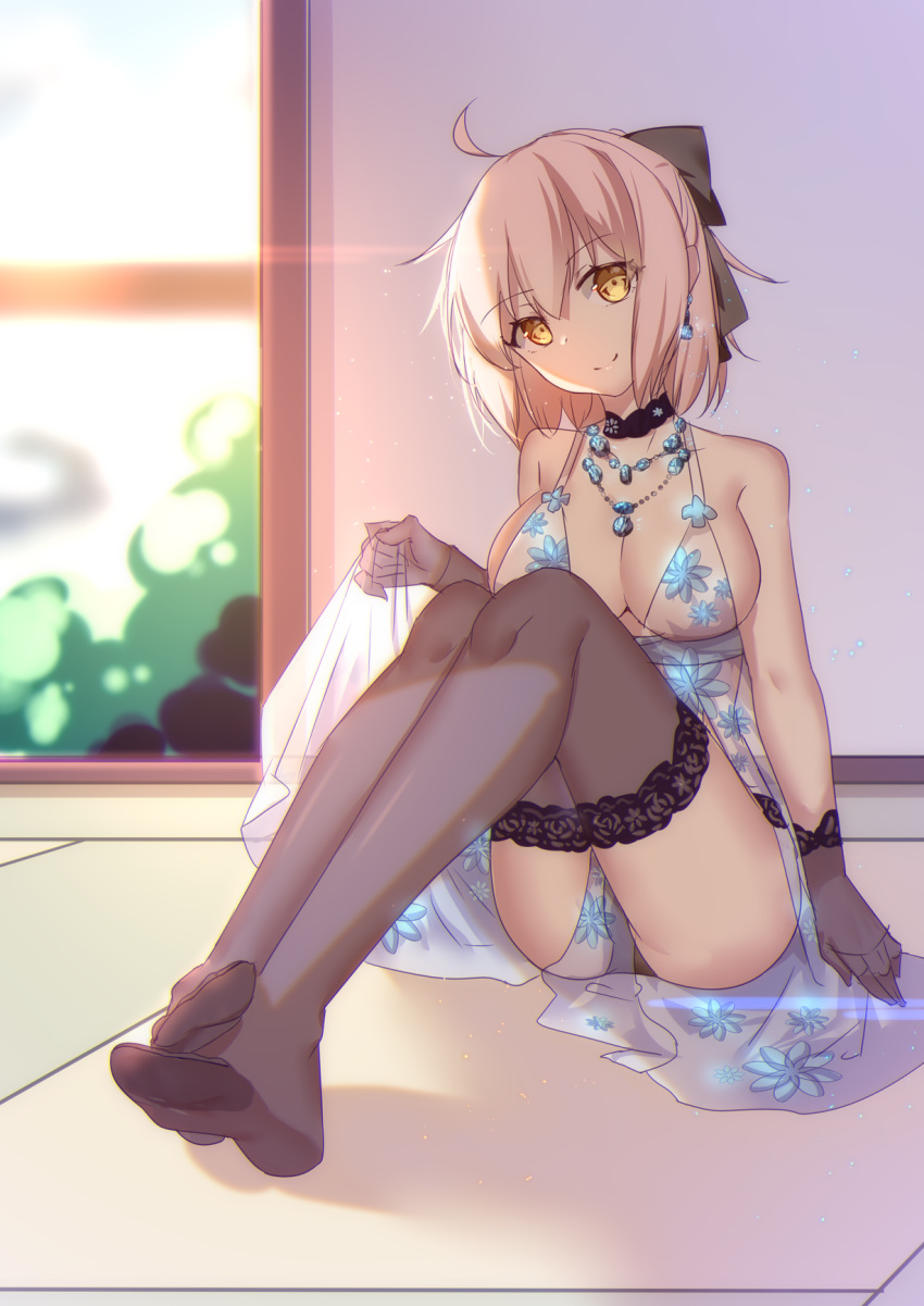 1girl animal_ears arm_at_side artoria_pendragon_(all) artoria_pendragon_(lancer_alter) artoria_pendragon_(lancer_alter)_(cosplay) babydoll bangs bare_shoulders black_bow black_choker black_gloves black_legwear black_panties blonde_hair blush bow breasts choker cleavage closed_mouth cosplay day eyebrows_visible_through_hair fate/grand_order fate_(series) full_body gloves hair_bow head_tilt highres holding indoors jewelry knees_up koha-ace large_breasts lens_flare mo_(pixiv9929995) necklace okita_souji_(fate) okita_souji_(fate)_(all) on_floor panties royal_icing see-through short_hair sitting sliding_doors smile solo sunlight tatami thighhighs underwear underwear_only yellow_eyes