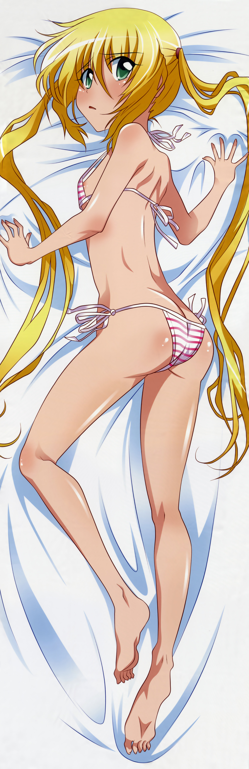 :&lt; absurdres artist_request ass barefoot bed_sheet bikini blonde_hair blush dakimakura feet from_side green_eyes hayate_no_gotoku! highres huge_filesize legs long_hair looking_at_viewer looking_back lying on_stomach sanzen'in_nagi scan side-tie_bikini soles solo string_bikini striped striped_bikini swimsuit toes twintails