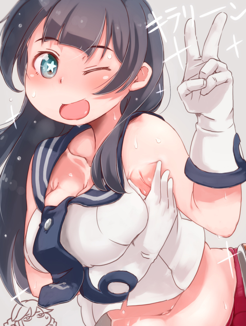 agano_(kantai_collection) black_hair blue_eyes blush braid breasts gloves highres kantai_collection large_breasts long_hair midriff multiple_girls navel noshiro_(kantai_collection) one_eye_closed open_mouth school_uniform serafuku sexually_suggestive shimetta_seiya simple_background skirt smile spread_armpit star star-shaped_pupils sweat symbol-shaped_pupils v white_gloves