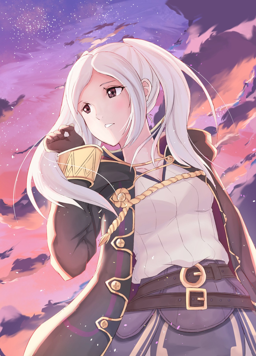 1girl belt brown_eyes cloud female_my_unit_(fire_emblem:_kakusei) fire_emblem fire_emblem:_kakusei gloves grimmelsdathird highres long_hair long_sleeves looking_to_the_side my_unit_(fire_emblem:_kakusei) nintendo outdoors parted_lips sky solo twintails white_hair