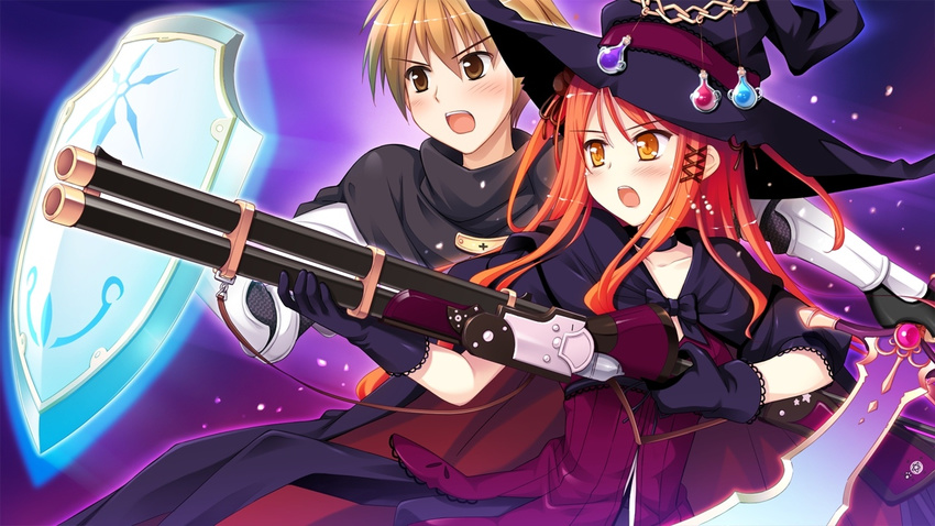 16:9 1boy 1girl arima_yousuke blush brown_eyes brown_hair game_cg gun hat hinomiya_ayari ko~cha long_hair red_hair shield sword thighhighs weapon witch's_garden witch's_garden witch_hat yellow_eyes