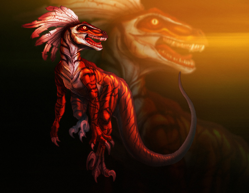 blowup_background claws dinosaur feathers feral markings open_mouth piopaulosantana primal_rage raptor red_scales scalie solo stripes talon talons teeth theropod unknown_artist