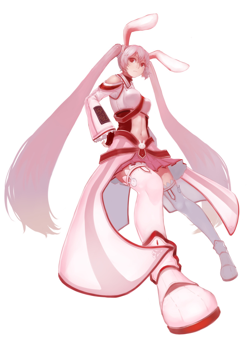 absurdres animal_ears asuna_(sao) asuna_(sao)_(cosplay) bunny bunny_ears cosplay fingerless_gloves gloves hand_on_hip hatsune_miku highres long_hair navel necktie pink_hair red_eyes simple_background skirt sola7764 solo sword_art_online thighhighs twintails very_long_hair vocaloid white_background