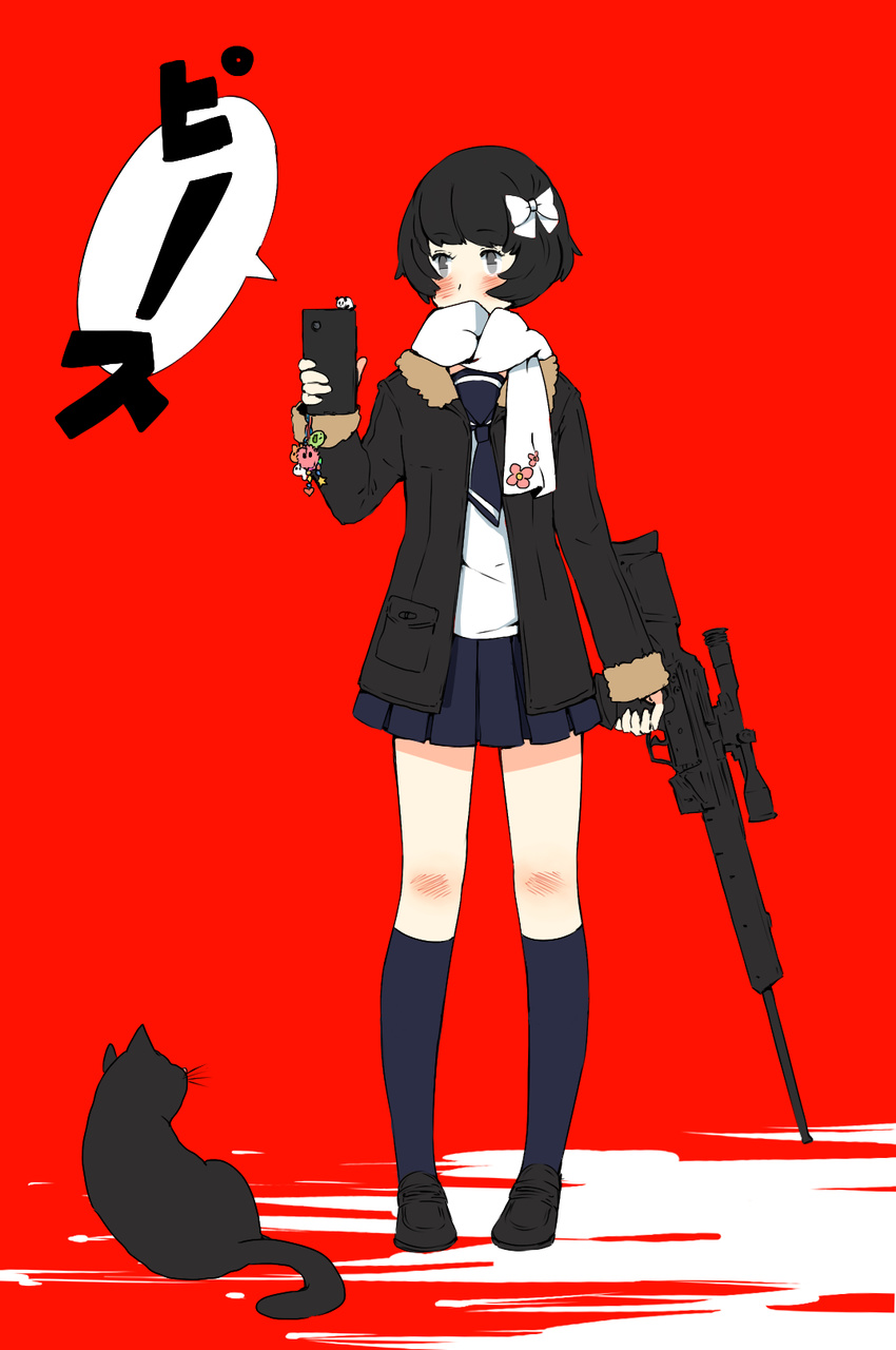 ai-wa black_cat black_hair blue_legwear blush bow cat cellphone grey_eyes gun hair_bow highres jacket kneehighs original phone psg-1 red_background rifle scarf school_uniform serafuku sniper_rifle translated weapon