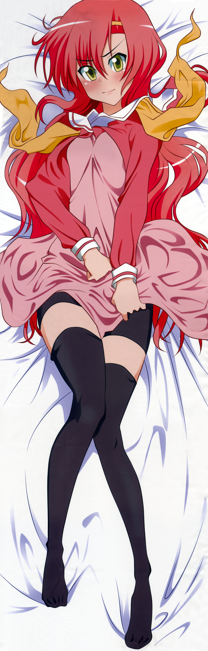 absurdres artist_request bed bed_sheet bike_shorts black_legwear blush dakimakura dress dress_tug from_above frown full_body hayate_no_gotoku! highres huge_filesize katsura_hinagiku legs long_legs looking_at_viewer lying on_back on_bed on_stomach pink_hair school_uniform solo thighhighs yellow_eyes