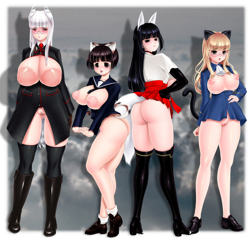 4girls anabuki_tomoko animal_ears areolae ass black_hair black_legwear black_thighhighs blonde_hair boots breasts breasts_outside cat_ears cat_tail chichi_kurage_ss elbow_gloves female glasses gloves heidimarie_w_schnaufer inverted_nipples large_areolae large_breasts legwear long_hair miniskirt miyafuji_yoshika multiple_girls nipples no_bra no_panties perrine_h_clostermann puffy_nipples pussy shirt shoes short_hair skirt standing strike_witches tail thighhighs uncensored uniform white_hair