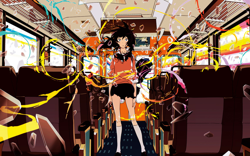 bag black_hair blue_eyes broken_glass bus bus_interior copyright_name debris english glass ground_vehicle looking_at_viewer motor_vehicle original shoulder_bag skirt solo standing supercell surprised uki_atsuya