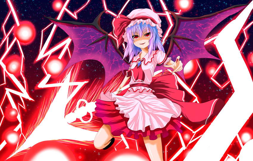 bad_id bad_pixiv_id bat_wings blue_hair dress fang fingernails hat highres pink_dress red_eyes remilia_scarlet ribbon shaded_face sharp_fingernails short_hair smile solo spear_the_gungnir star starry_background tasogare_(ddfftasogare) touhou wings