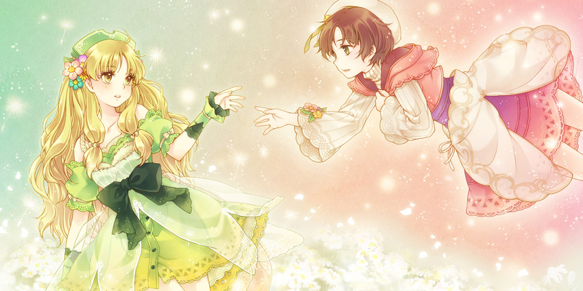 atelier_(series) atelier_ayesha ayesha_altugle bare_shoulders blonde_hair blush bow brown_hair dandelion_seed dress flower fur_trim fuuka_(fukasheu) green_eyes hair_bow hair_flower hair_ornament hand_on_own_chest hat headdress light_particles long_hair long_sleeves looking_at_another multiple_girls nio_altugle parted_lips reaching siblings sisters very_long_hair wavy_hair wide_sleeves yellow_eyes