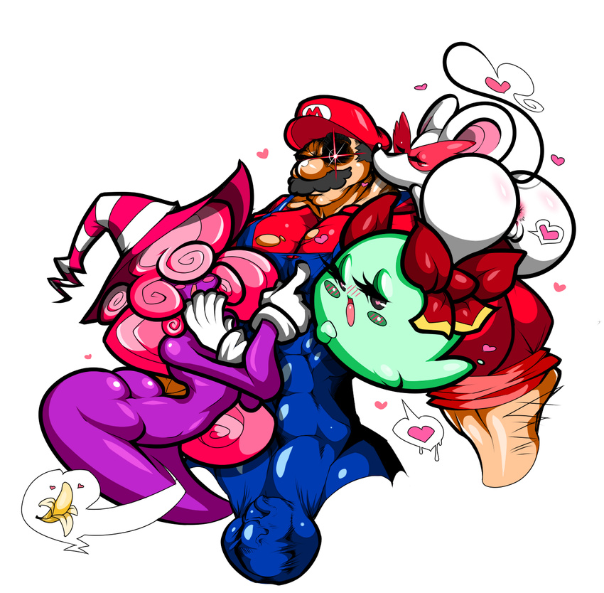 2boys 2girls 3girls androgynous anus ass banana bisexual blush blush_stickers boo bow bow_(mario) bulge butt_crack cap curly_hair darthsaburou facial_hair food fruit ghost ghost_tail gloves harem hat heart heart-shaped_pupils highres looking_back male_focus manly mario ms._mowz multiple_boys multiple_girls muscle mustache nintendo overalls paper_mario pink_hair pussy resaresa sexually_suggestive simple_background spoken_heart super_mario_bros. symbol-shaped_pupils tail trap vivian white_background white_gloves witch_hat