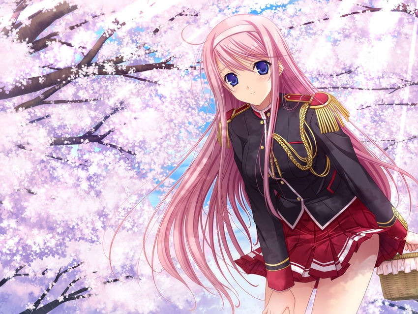 1girl ahoge basket blue_eyes blush carrying cherry_blossoms epaulettes female game_cg hair_between_eyes hairband hand_on_thigh highres kisaki_mio komori_kei leaning_forward long_hair looking_at_viewer outdoors pink_hair pleated_skirt red_skirt school_uniform skirt smile solo standing sunlight tree uniform walkure_romanze