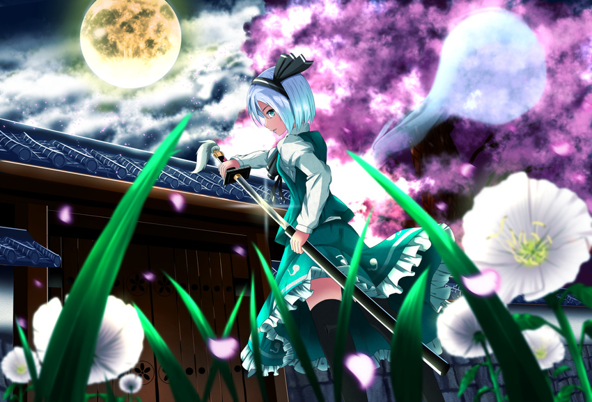 architecture ascot bad_id bad_pixiv_id blue_eyes cherry_blossoms cloud day east_asian_architecture flower full_moon grass hair_ribbon hand_on_hilt highres juliet_sleeves katana konpaku_youmu konpaku_youmu_(ghost) long_sleeves moon outdoors parted_lips petals puffy_sleeves ribbon sheath short_hair sideways_glance silver_hair skirt skirt_set solo sword tasogare_(ddfftasogare) tassel thighhighs touhou tree unsheathing weapon wind wind_lift